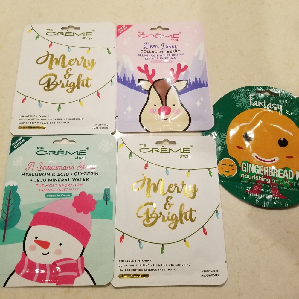 Set Of 5 Face Masks Christmas Theme Stocking Stuffer Creme Shop K-beauty Korean.